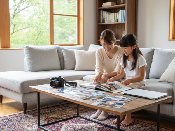 リビングで楽しそうに写真の整理をしている親子