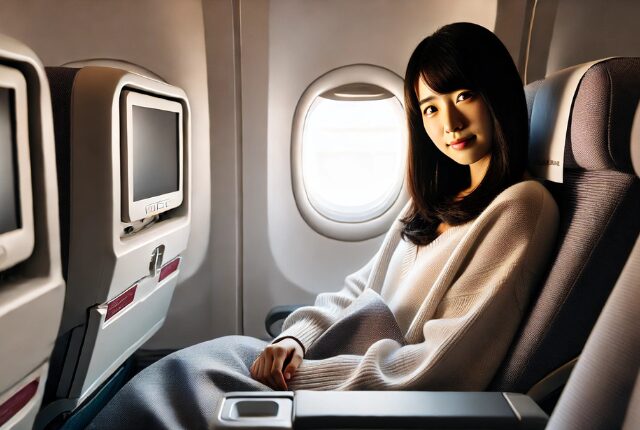 飛行機の座席に座ってブランケットをしている女性