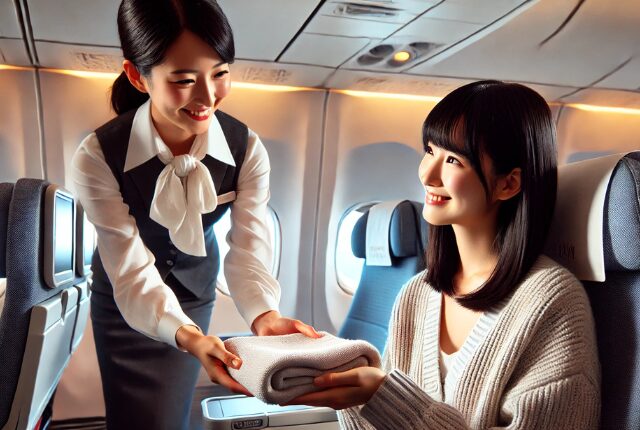 笑顔のCAからブランケットを受け取る女性