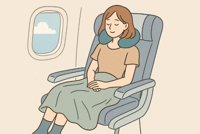 飛行機の座席でゆったりとくつろぐ女性
