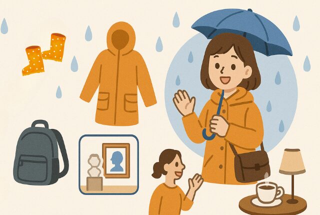 青い傘を差した女性と図解風のイラスト