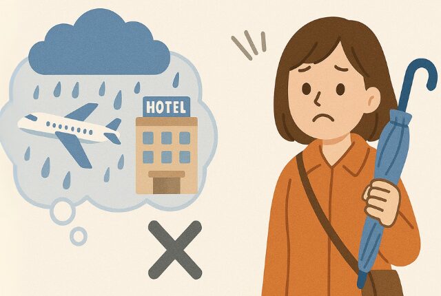 図解風イラスト、青い傘を持って困り顔の女性