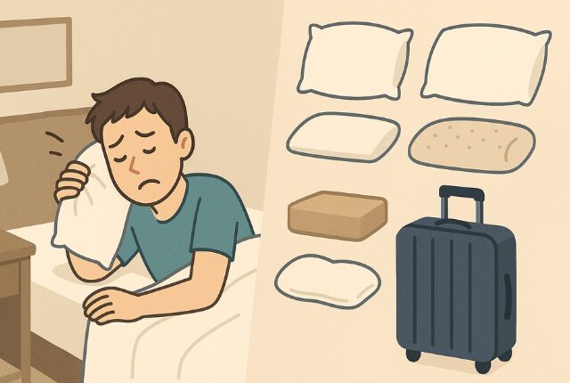 ホテルの枕が合わなくて、眠りずらそうな男性のイラスト