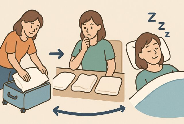 枕を持参して快眠を考えている女性のイラスト