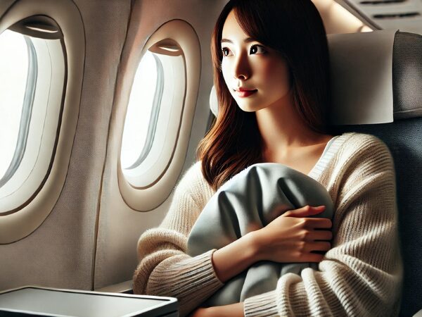飛行機の座席から外を見ながら、ブランケットを抱きしめている女性