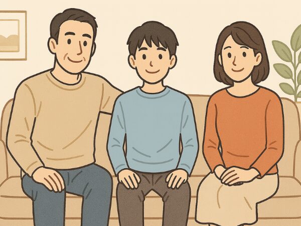 リビングのソファーに座る父、中学生の息子、母の３人