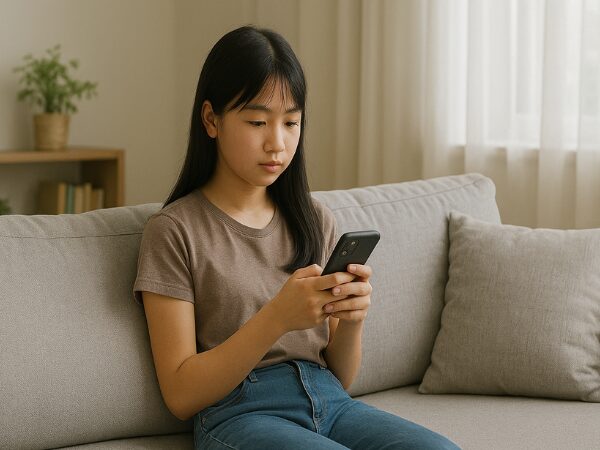 リビングのソファーでスマホをいじる女子中学生