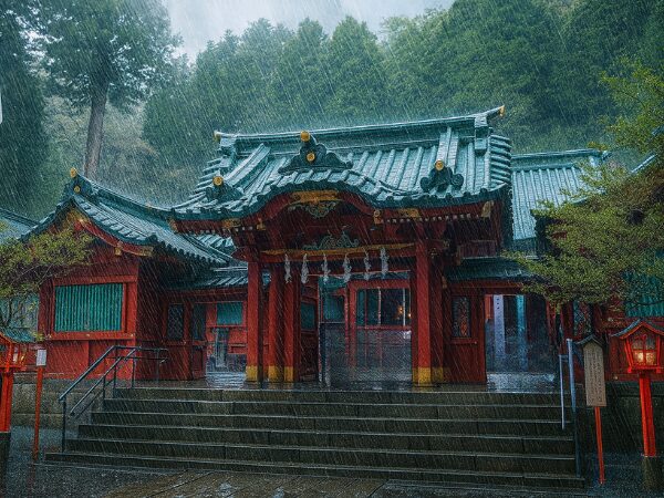 雨の中の箱根神社の本殿の様子