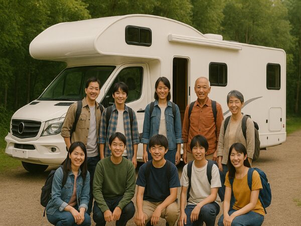 キャンピングカーの前で集合写真