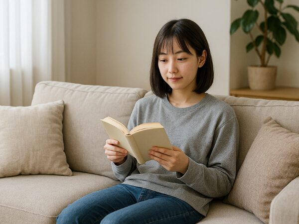 リビングのソファーに座って、静かに本を読んでいる中学生の女の子