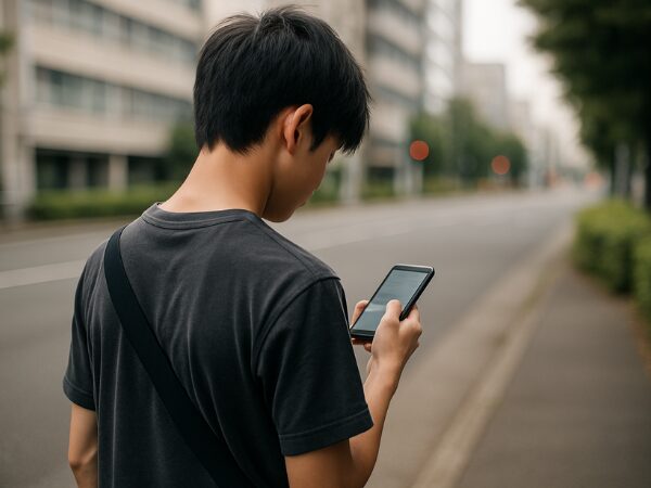 道路でスマホを見ている男子中学生