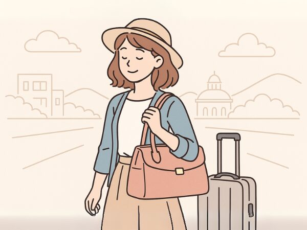 帽子をかぶった女性、肩にかけたバッグ、スーツケース