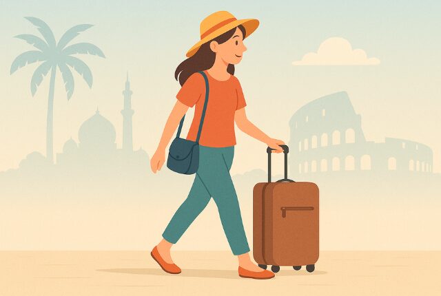 帽子をかぶって、スーツケースを引いて海外の街を歩く女性