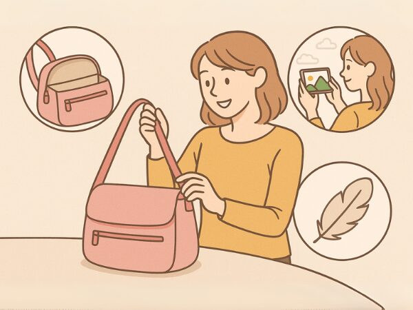 ピンク色のショルダーバッグを見る女性