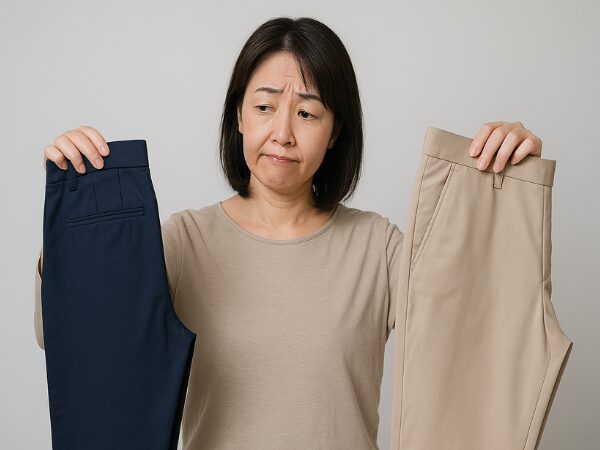 両手の色違いのパンツを見て悩む女性
