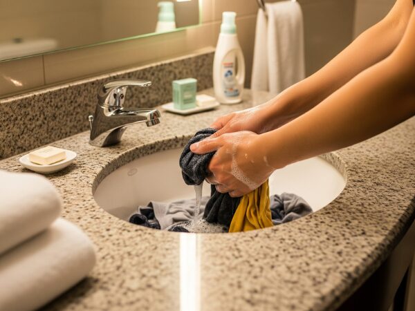 ホテルの洗面所で服を手洗いしている両手