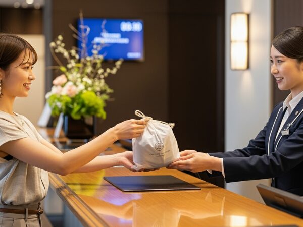 ホテルのフロントにランドリー袋を預ける女性