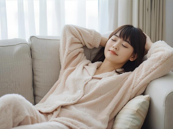 もこもこパジャマでソファーでリラックスしている女性