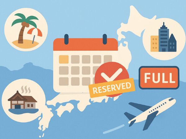日本地図の上にヤシの木やホテル、飛行機がRESERVEDという文字とチェックマーク