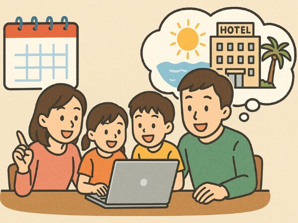 家族四人でパソコンを見て旅行地を調べている様子