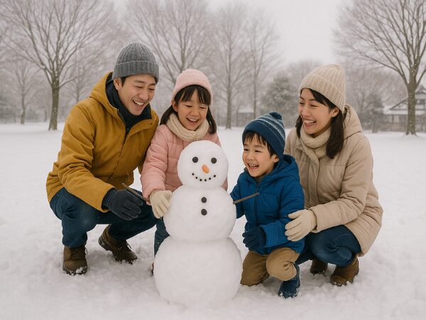 雪だるまを作って笑顔の家族