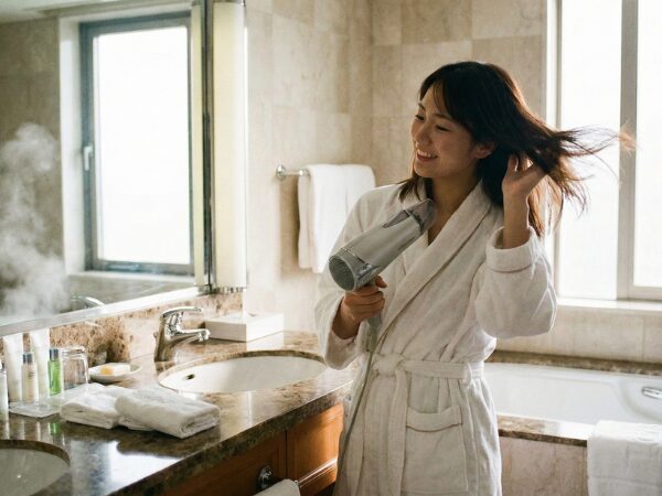 ホテルの洗面所でドライヤーをかけている女性