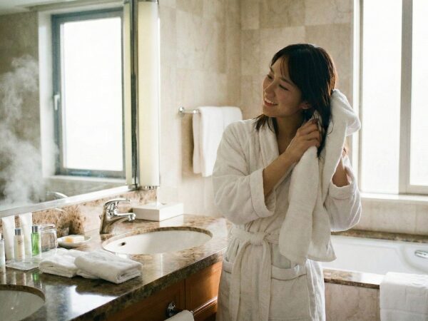 ホテルの洗面所で髪をタオルドライしている女性