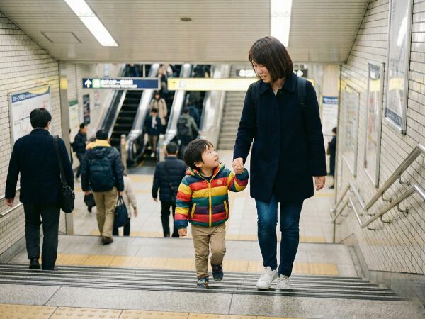 3歳くらいの男児とその母親が手をつないで駅構内の階段を上る様子
