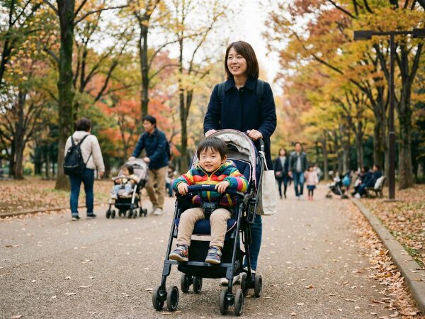 紅葉のきれいな屋外で3歳くらいの男児を乗せてベビーカーを押している母親