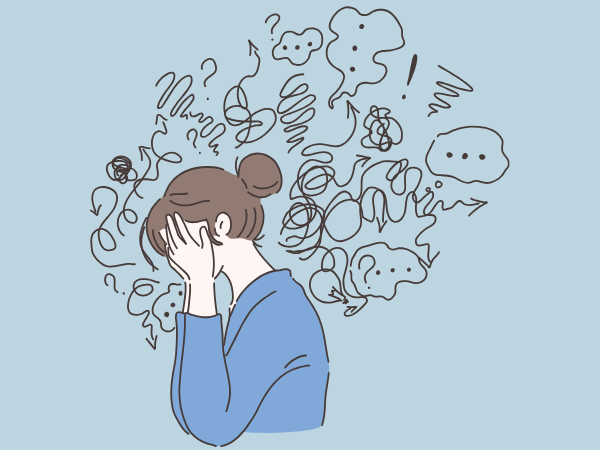 外野の色々な声に顔を隠して悩む女性イラスト