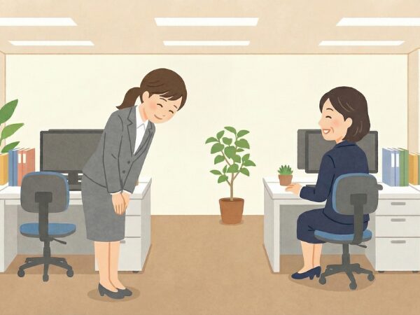 職場で先輩に挨拶する女性