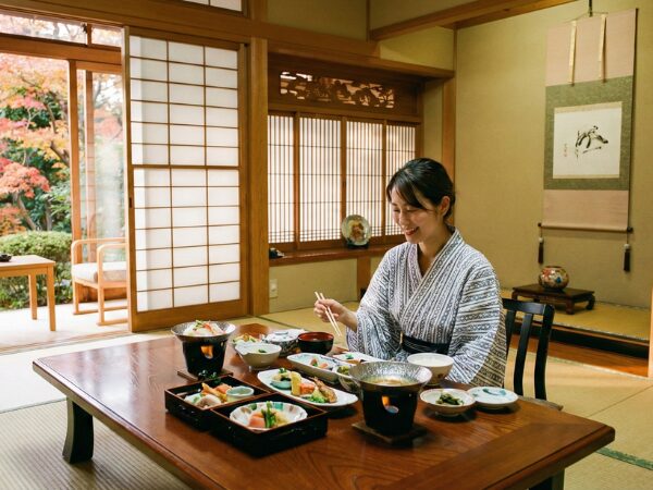 旅館の部屋食を楽しむ女性