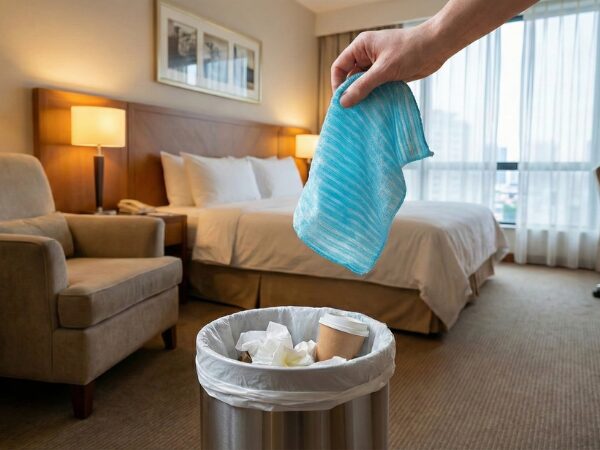 ホテルの部屋のごみ箱に水色のボディタオルを捨てる手
