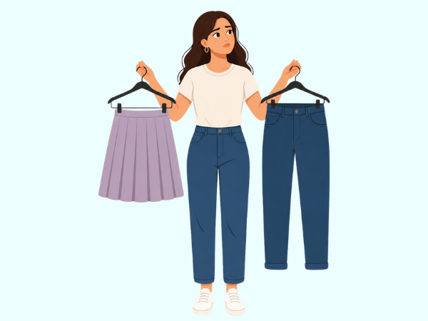 スカートとパンツどちらにしようか迷っている女性