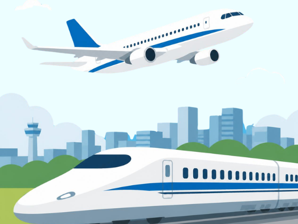 青い空に映える飛行機と新幹線