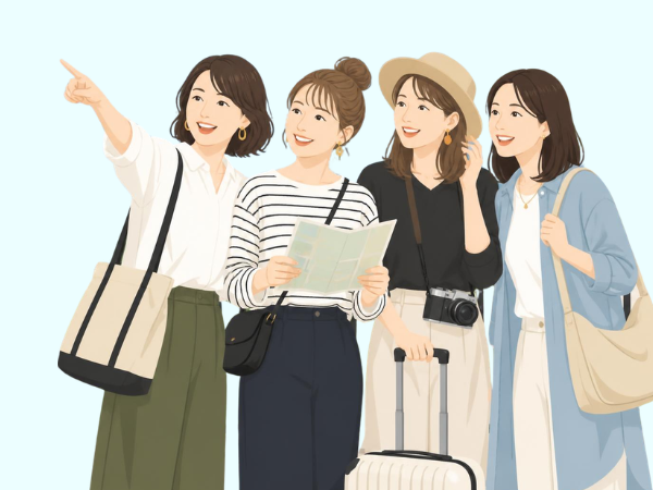 4人グループで旅行する女性たち