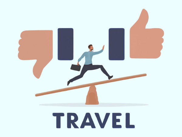 TRAVELという文字を間にシーソーに乗ってる男性とグッドとバッドの手