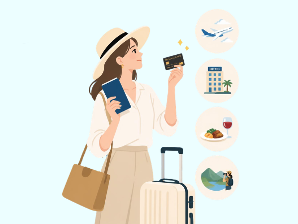 麦わら帽子で左手にクレカを持って旅行へ行こうとしている女性