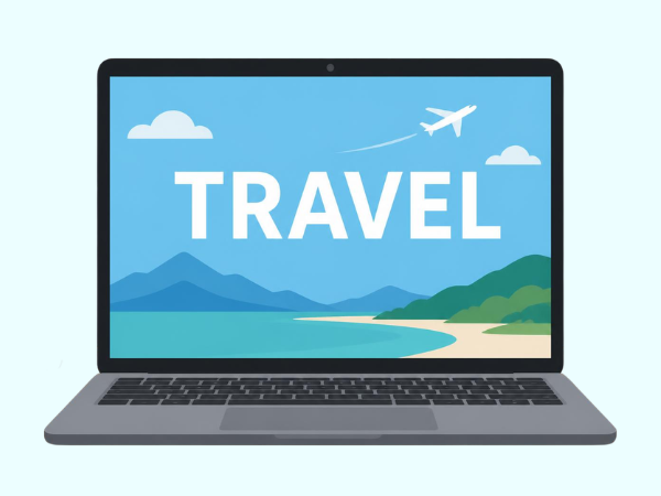 パソコン画面に「TRAVEL」と白文字で書かれたイラスト