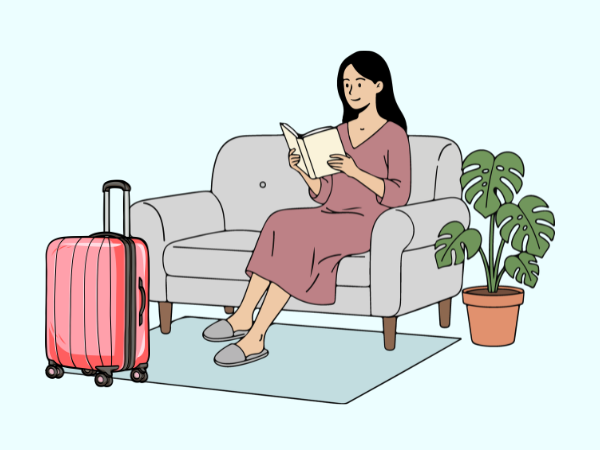 ソファーでのんびりと本を読んで休んでいる女性