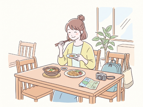 ご当地グルメを美味しそうに食べる女性