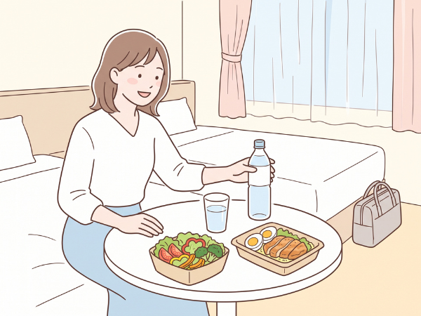 ホテルの部屋でコンビニで買ったサラダとチキン等を食べている女性