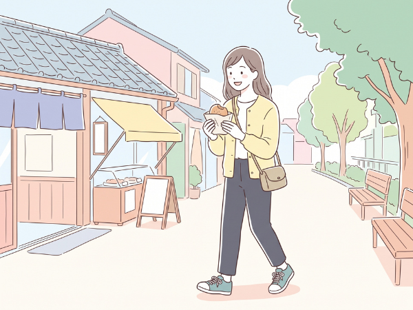 旅行中の街中で食べ歩きをしている女性
